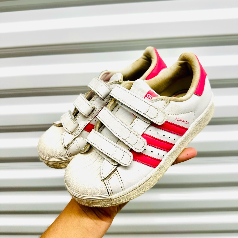 adidas Kids White Sneakers with Pink Stripes - Velcro Superstar